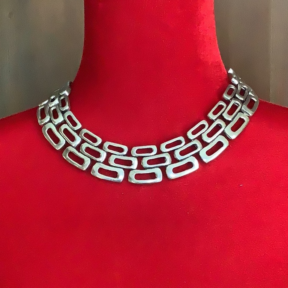 Aztec Tribal Design Silver Tone Chunky Choker